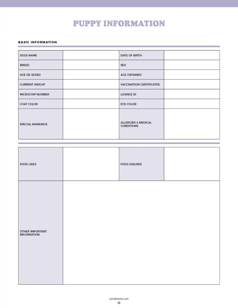 Puppy Information Sheets Printable - 16 FREE Dog Information Templates