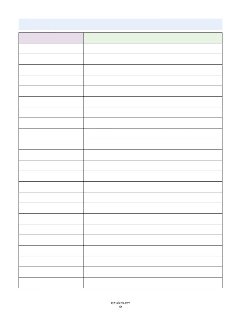 Printable Blank 2 Column Chart Template FREE Tables PDF