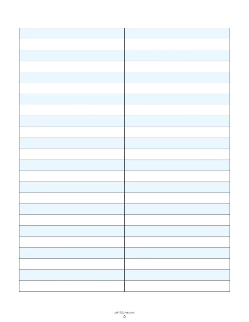Printable Blank 2 Column Chart Template FREE Tables PDF