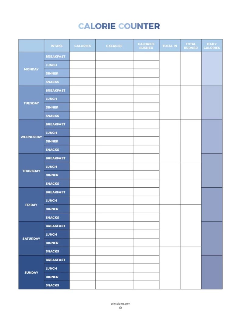 FREE Printable Calorie Counter Sheets - 16 Calorie Trackers
