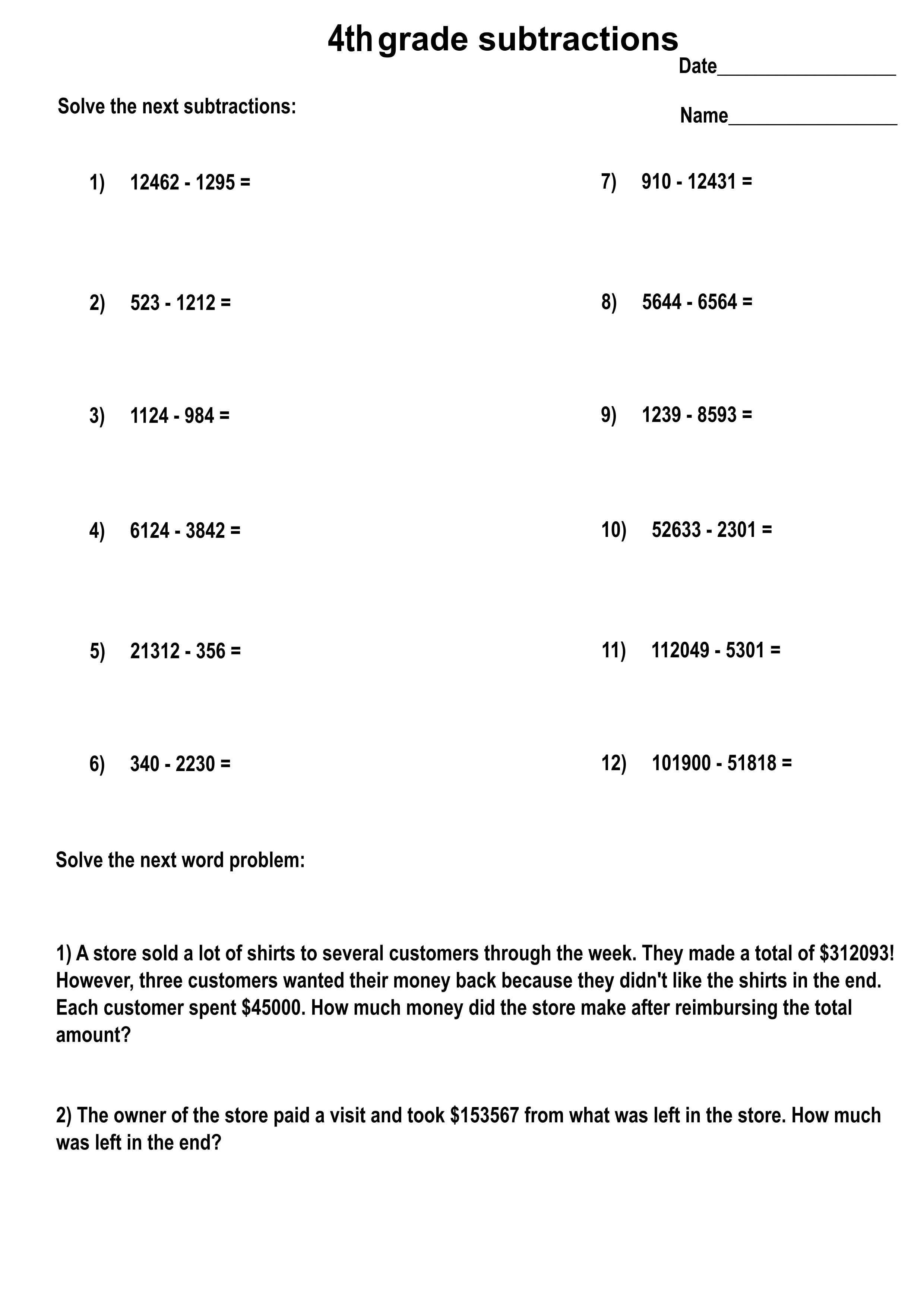 Printable 4th grade math worksheets with answers - Printerfriendly