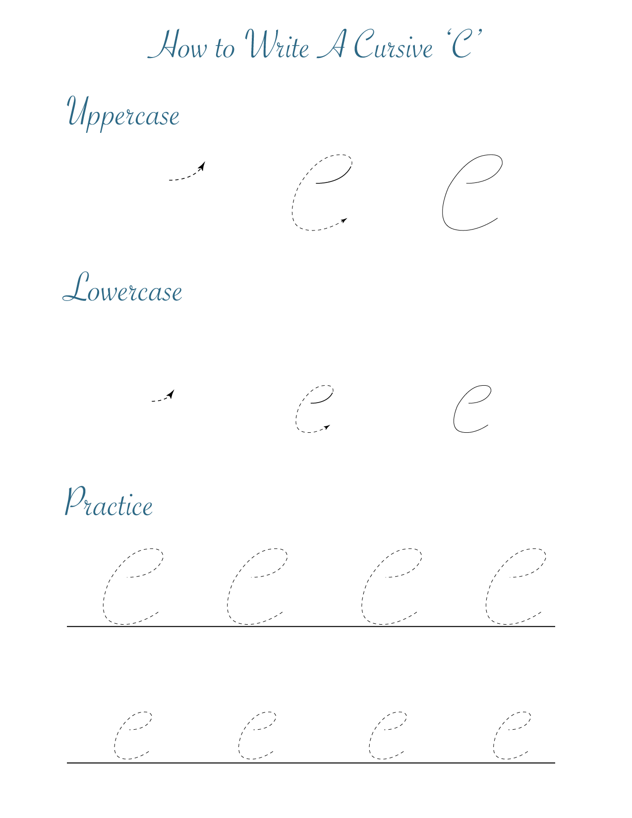 Cursive 'C' worksheets to practice capital, upper and lowercase letter
