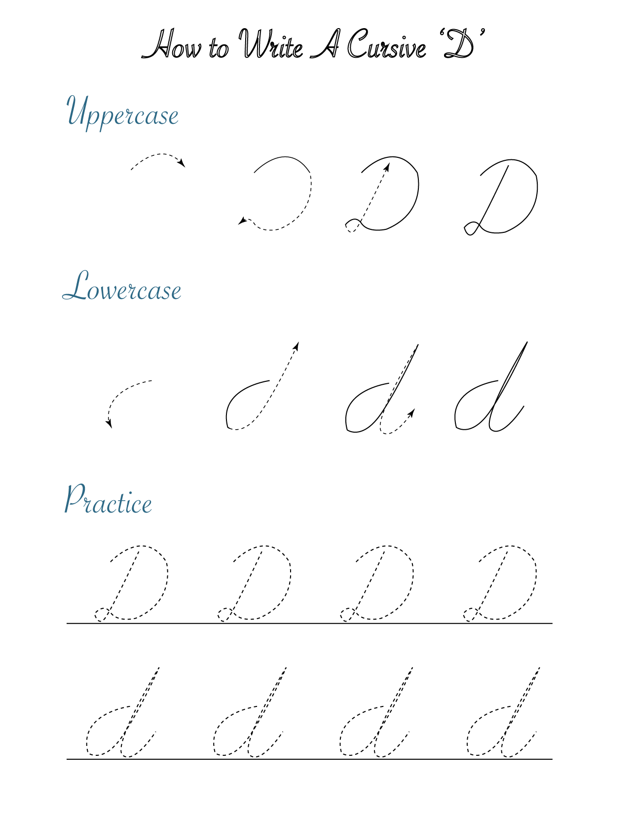 Cursive 'D' Worksheets to Practice Capital, Upper and Lowercase Letter