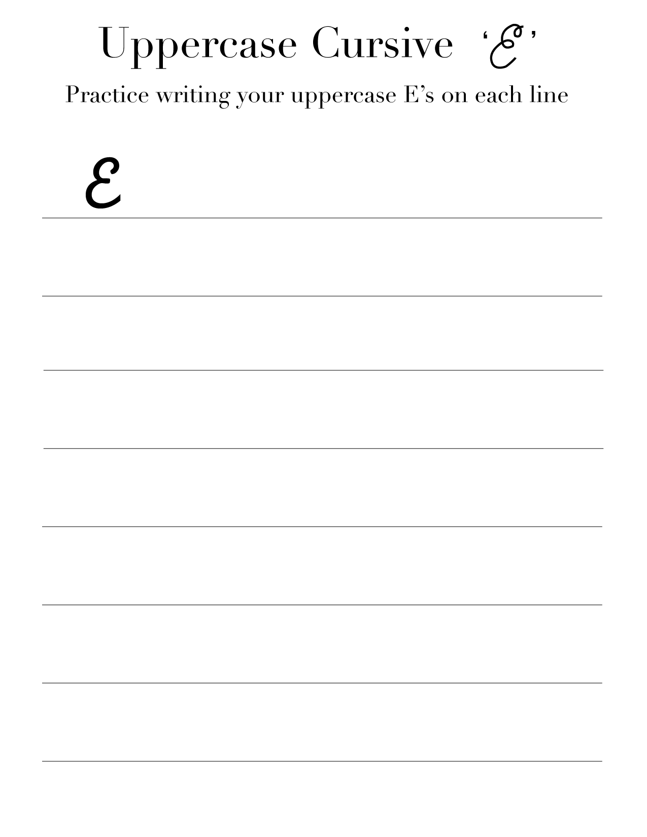 Cursive 'E' worksheets to practice capital, upper and lowercase letter