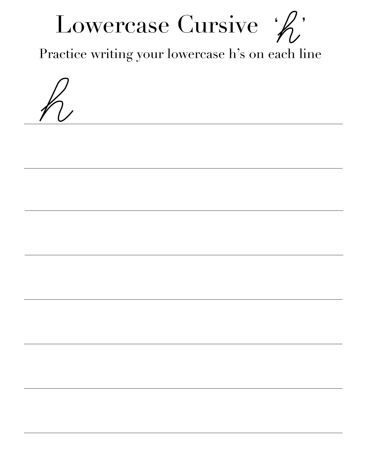 Cursive 'H' worksheets to practice capital, upper and lowercase letter