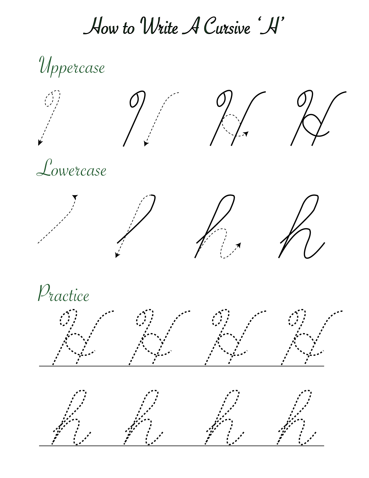 Cursive 'H' worksheets to practice capital, upper and lowercase letter