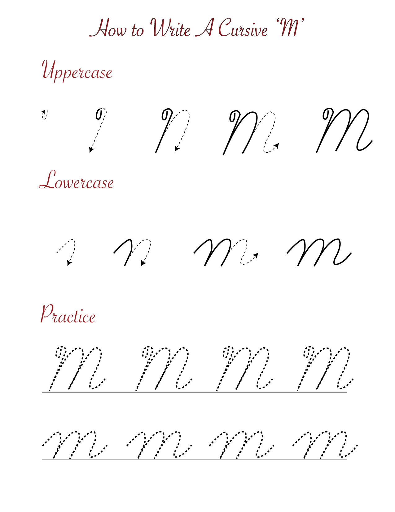 Cursive 'M' Worksheets to Practice Capital, Upper and Lowercase Letter