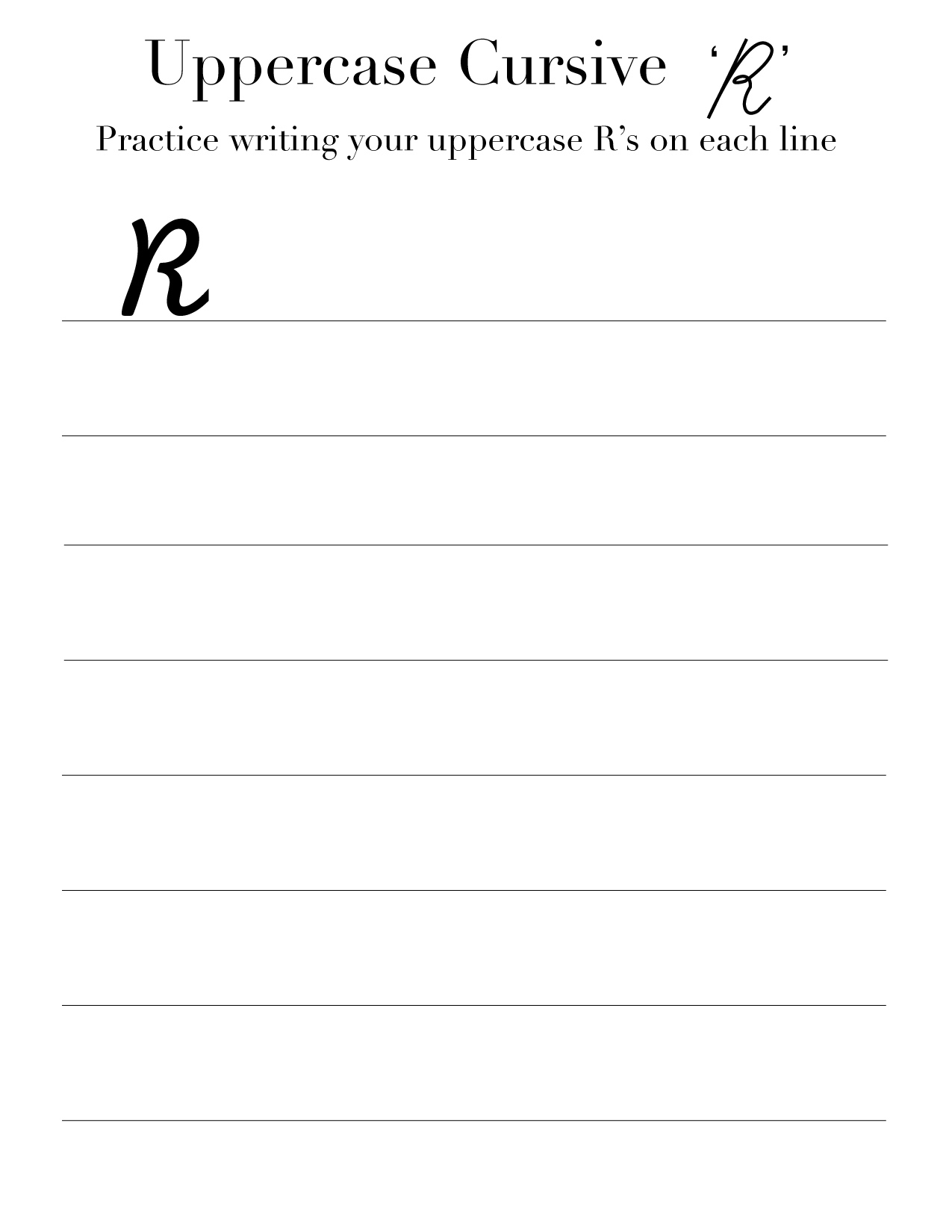 Cursive 'R' worksheets to practice capital, upper and lowercase letter