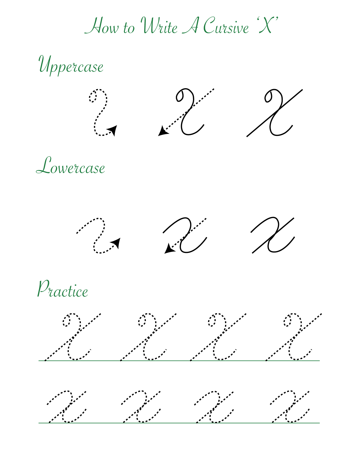 Cursive 'X' Worksheets to Practice Capital, Upper and Lowercase Letter