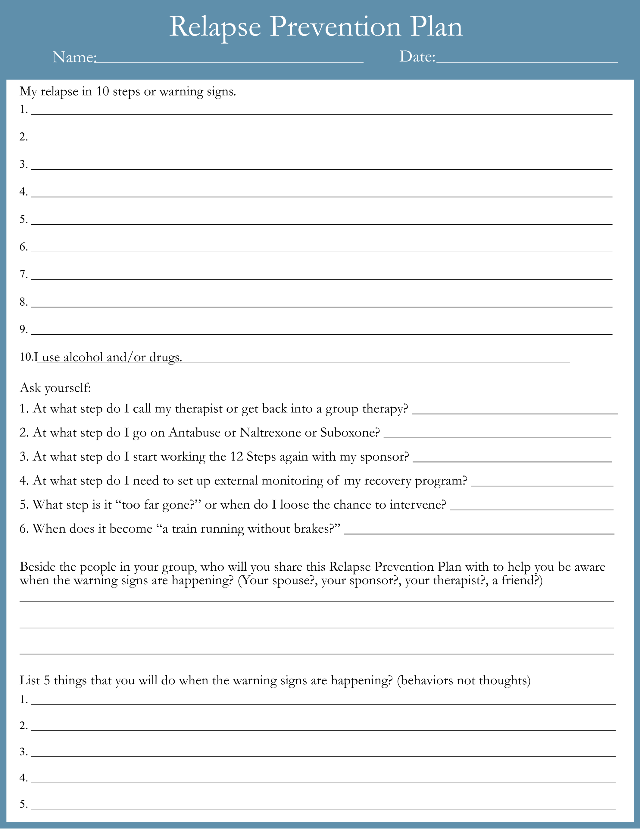 Printable Relapse Prevention Worksheets Plan and Template - Printerfriendly