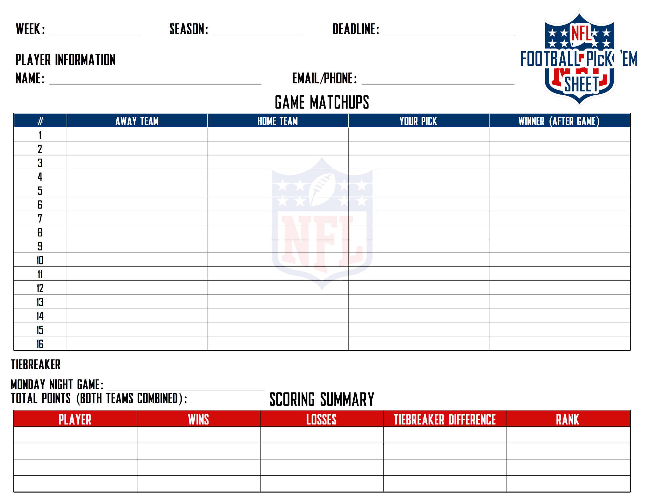 Track Your Picks Printable NFL Pick ’Em Sheets in PDF and Excel