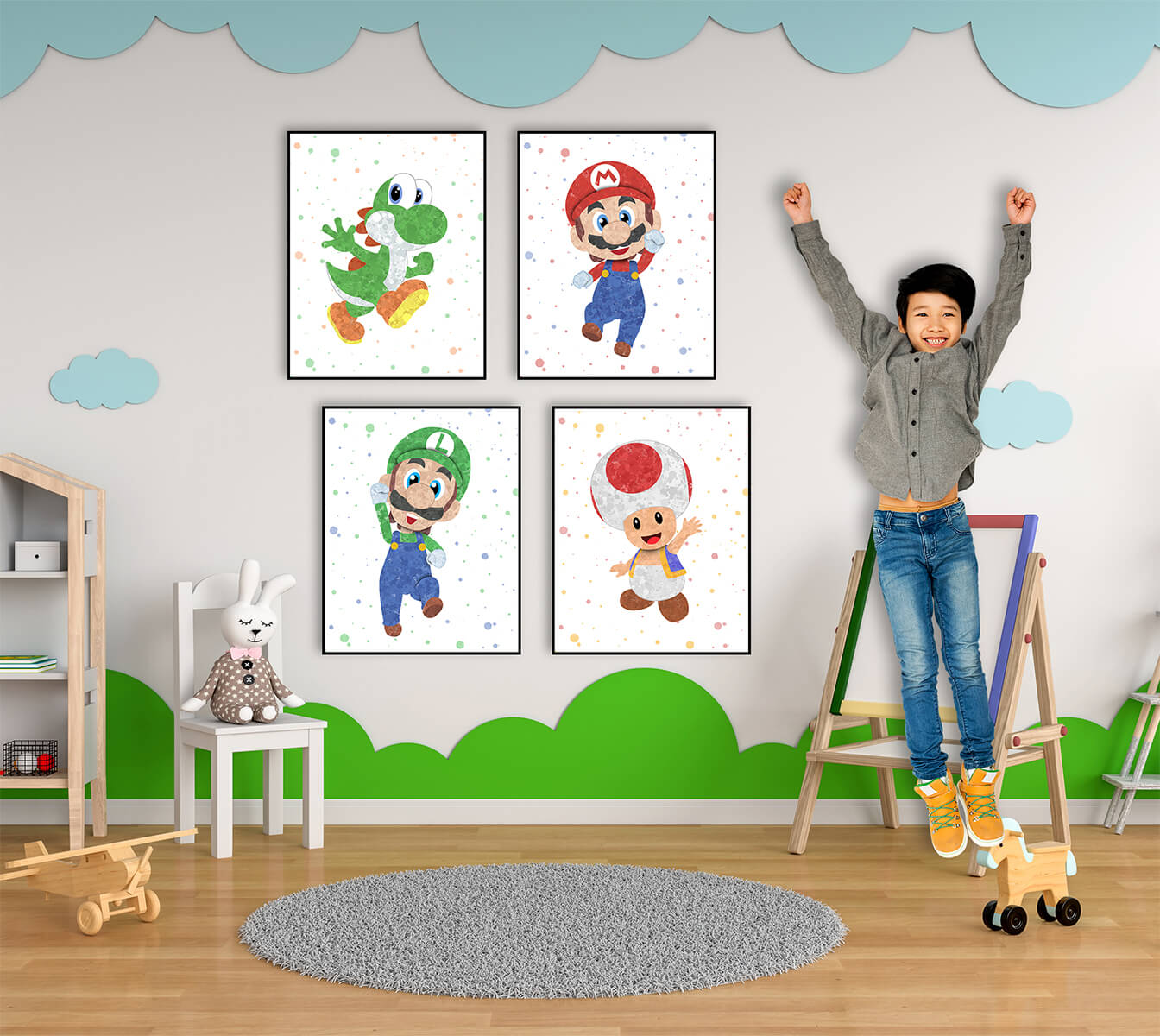 Super Mario Bros, 4 Set Nursery Wall Decor Digital Poster