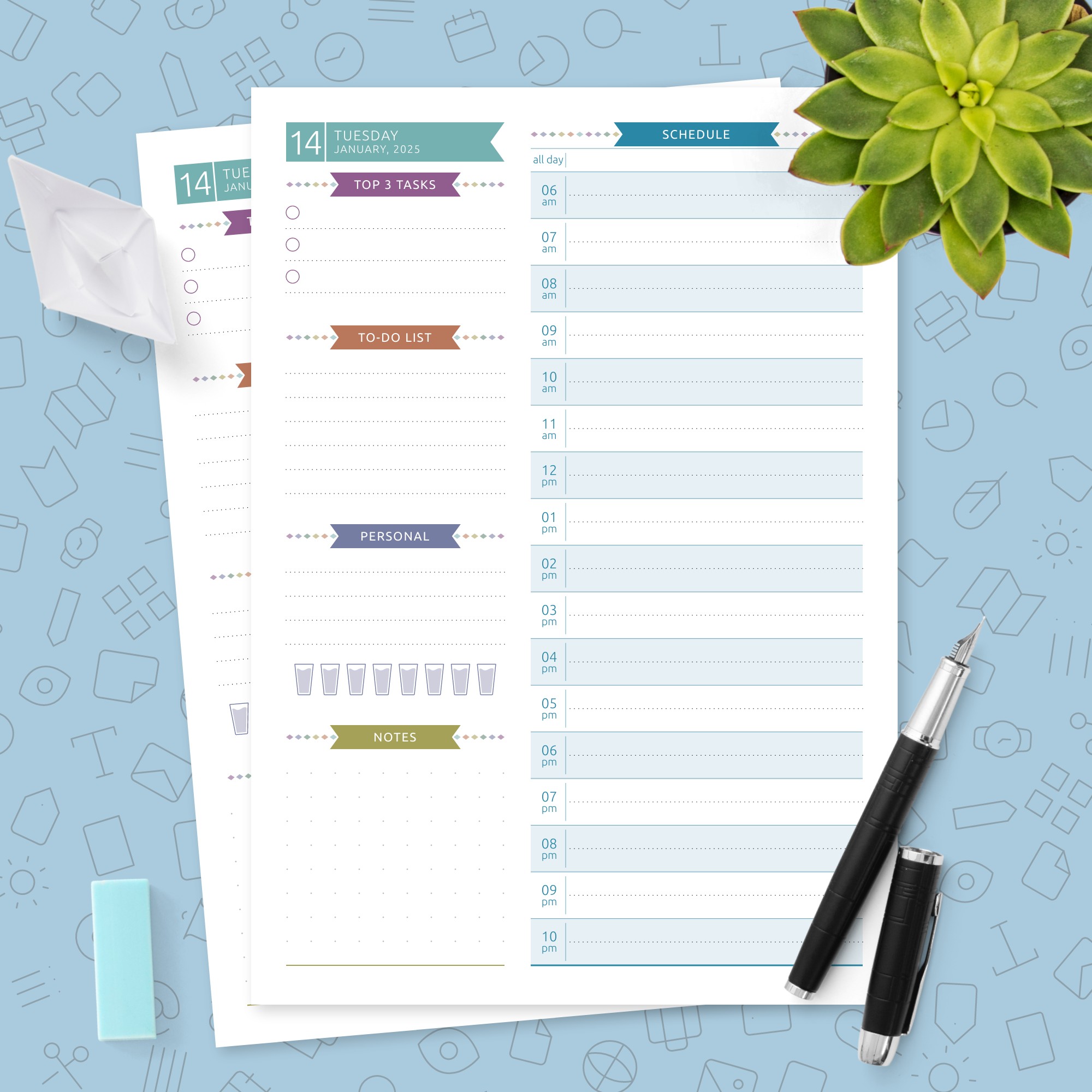 Colored Daily Planner Dated Template Printable PDF