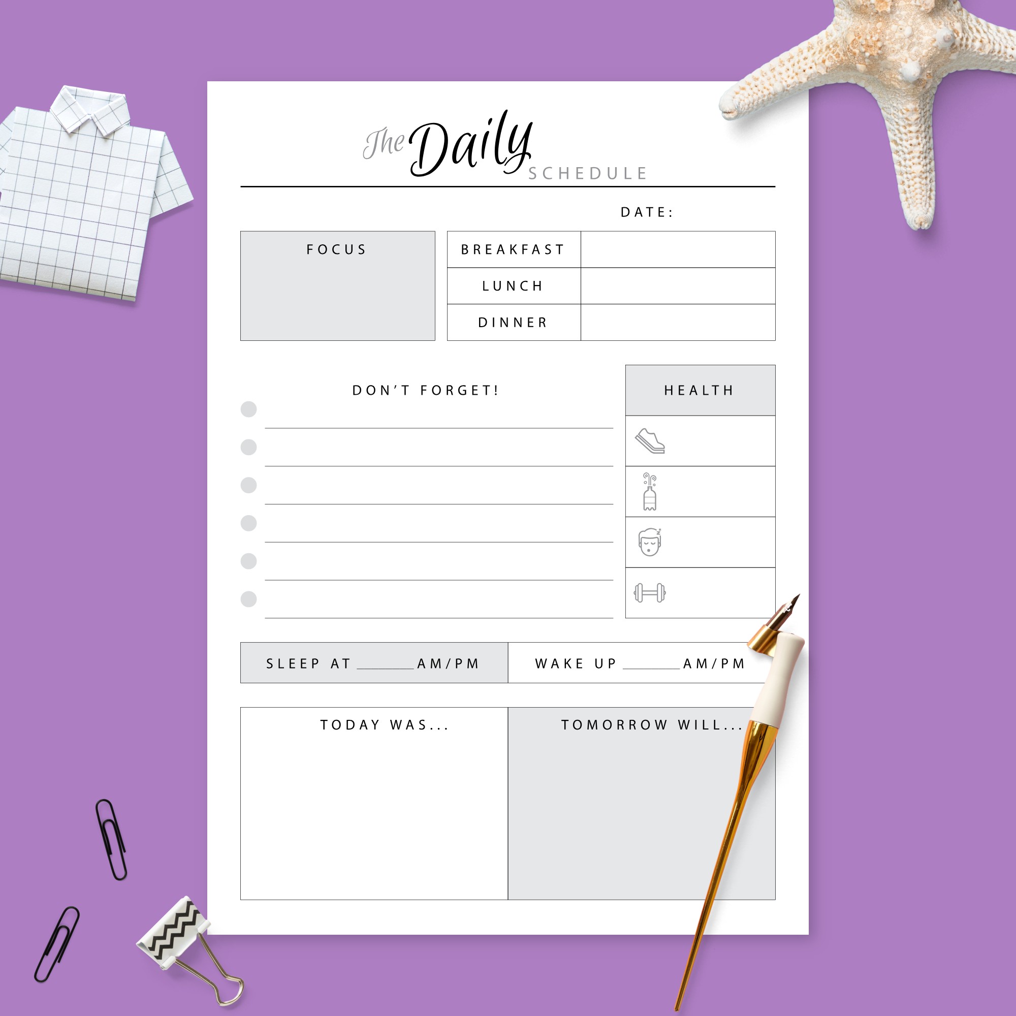 Daily Organizer and Health Tracker Template Printable PDF