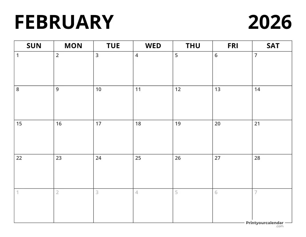 Blank Calendar Of February 2026 Free Printable Templates