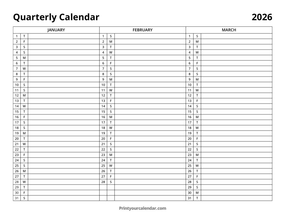 Three Month/Quarterly Calendar 2026 Free Printable