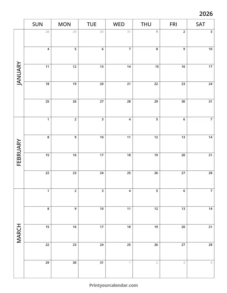 Three Month/Quarterly Calendar 2026 Free Printable