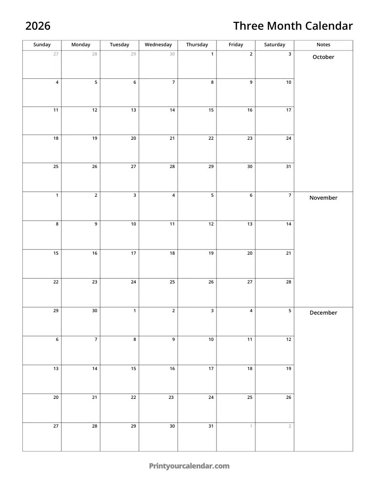 Three Month/Quarterly Calendar 2026 Free Printable