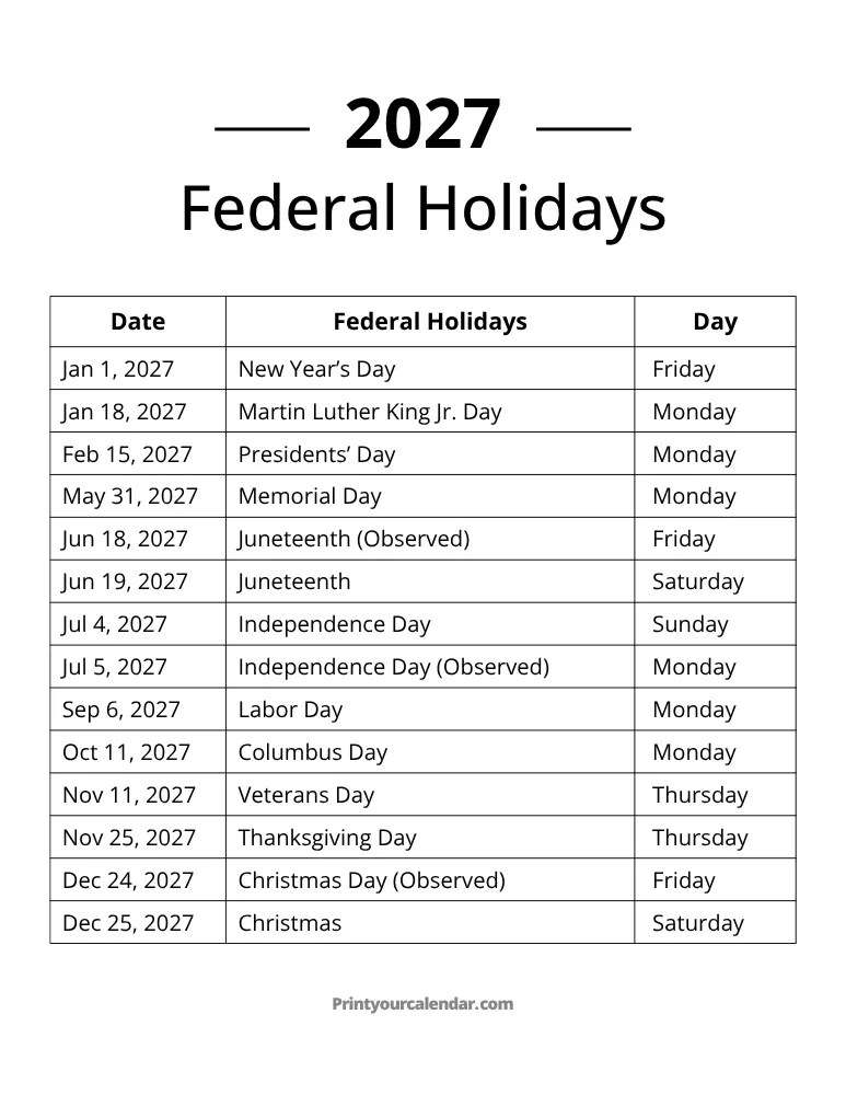 Federal Holidays 2027 Free Printable