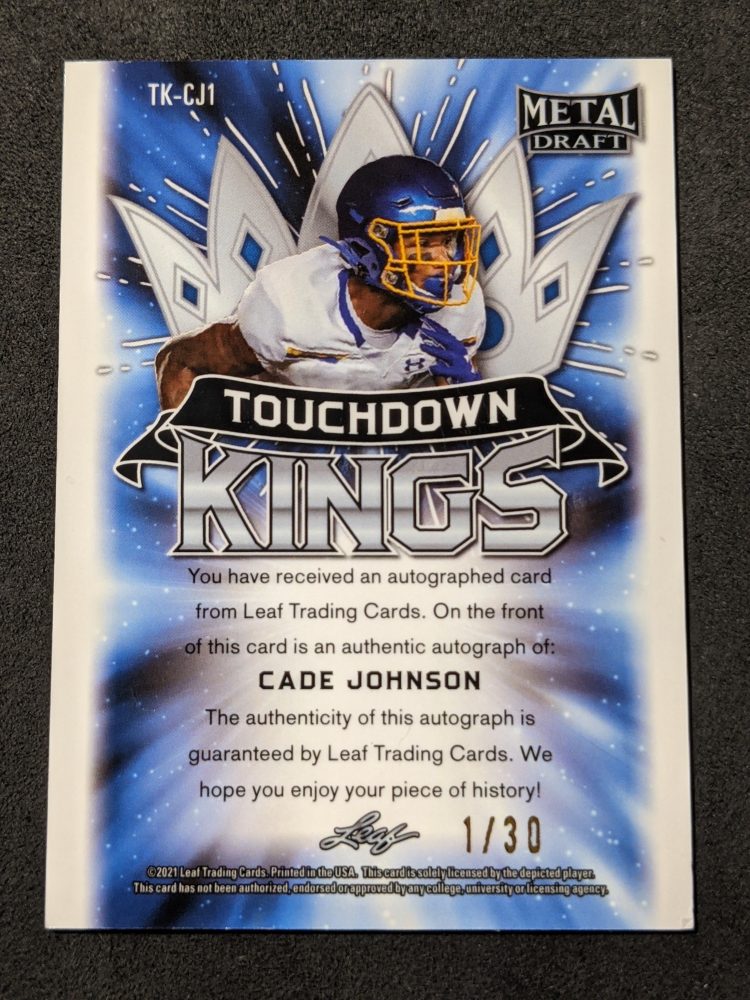 2021 Leaf Draft Metal Touchdown Kings Silver Mojo Auto Cade Johnson 1/