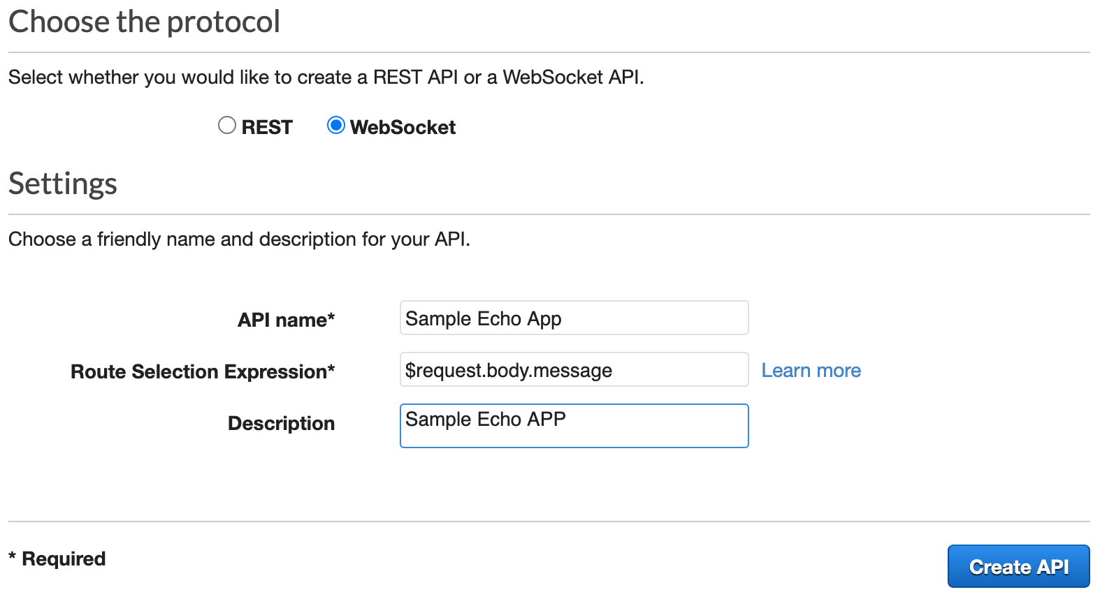 How to create aws websocket api gateway?