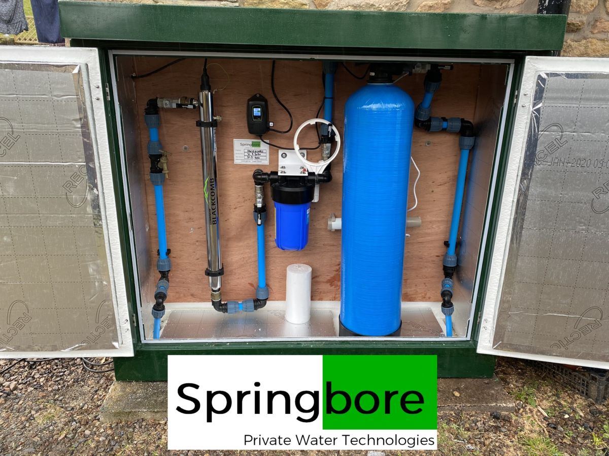 A water treatment system installed for a spring water supply feeding 3