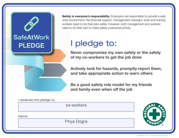 The National Safety Council America SafeAtWork Pledge Certificate