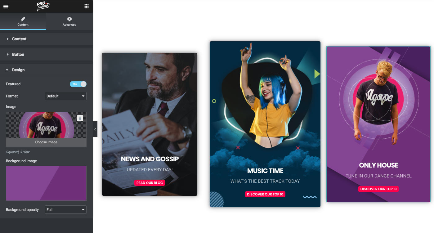 Interactive card links widget for Elementor Pro.Radio