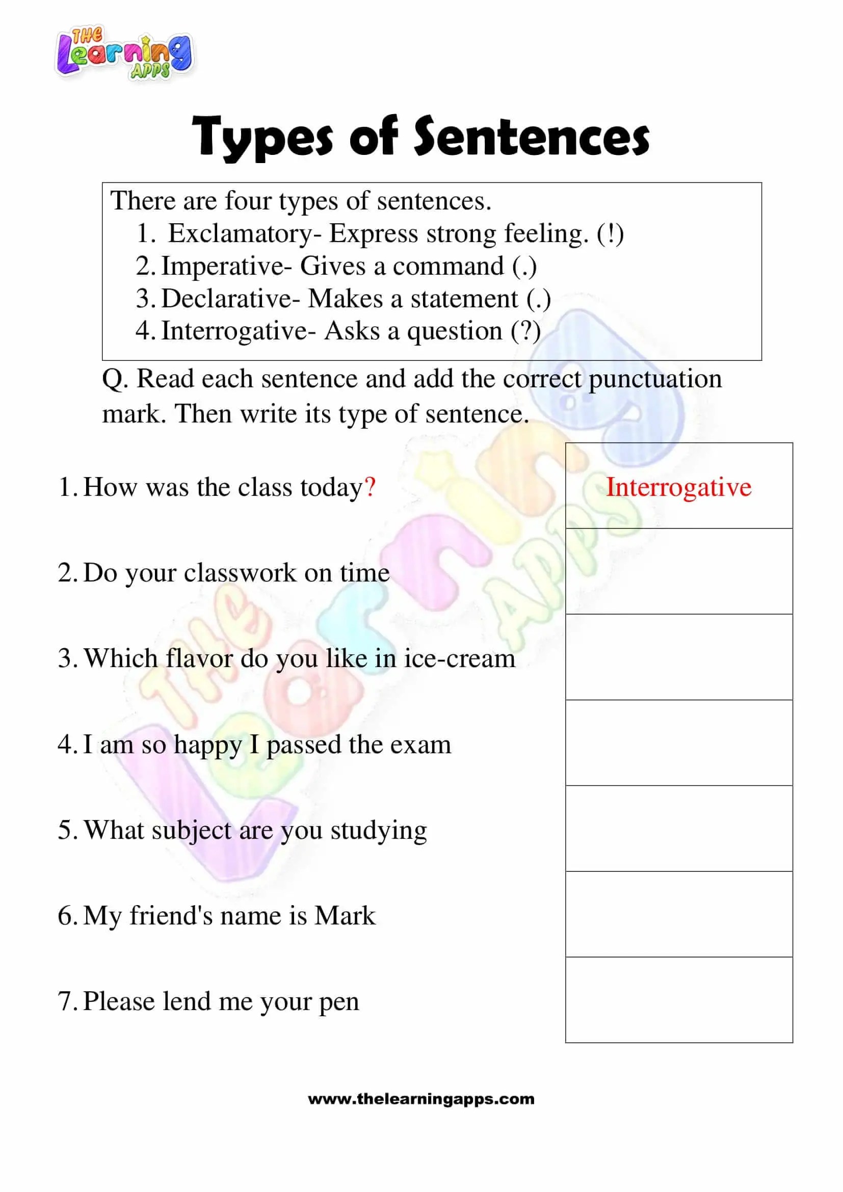 Download Printable Types of Sentences Worksheets for Grade 3