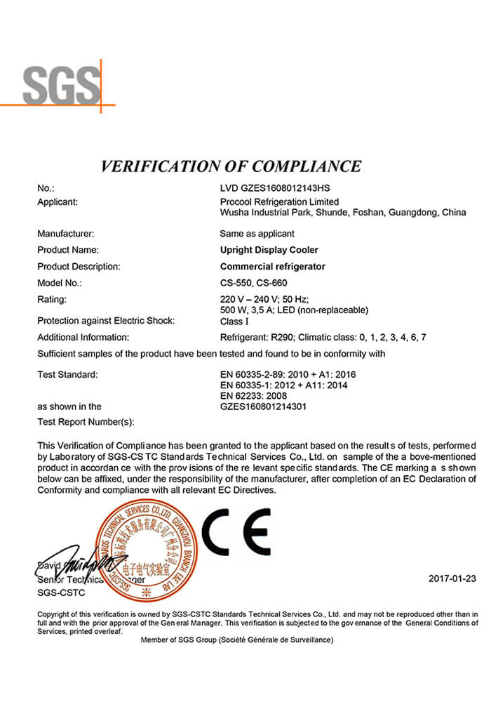 Procool Refrigeration Certifications Commercial Fridge