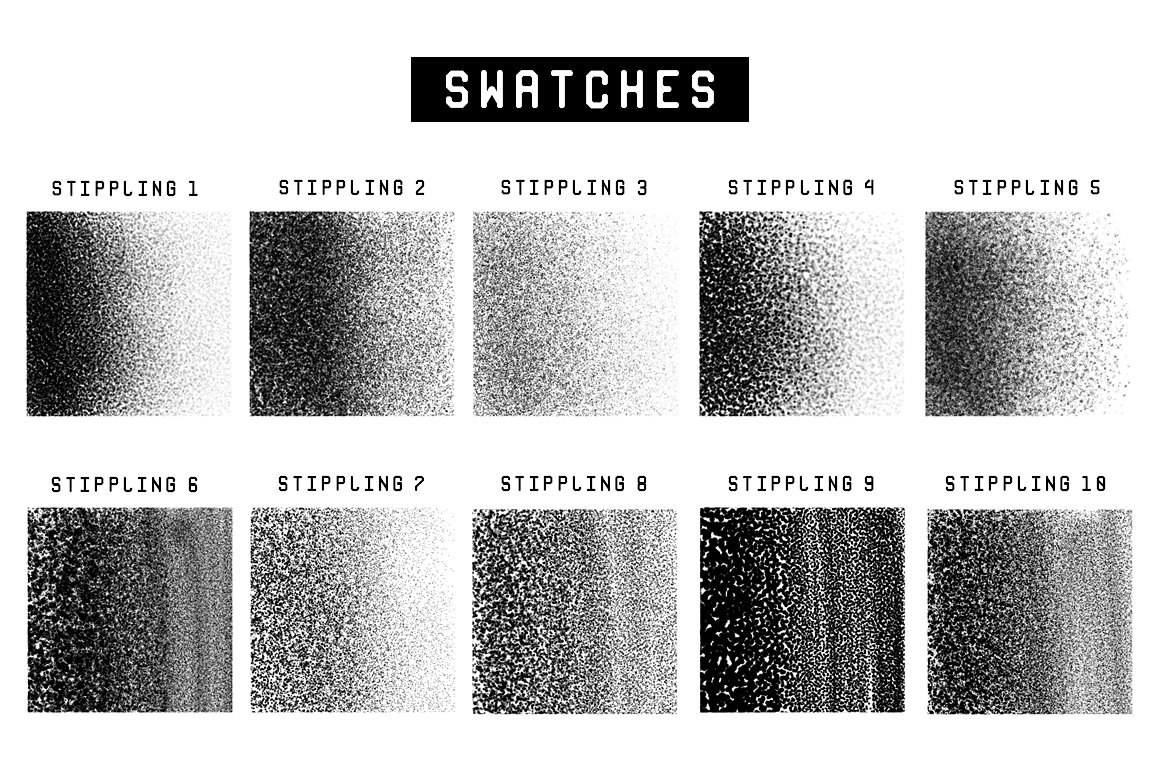 A set of 10 handmade stippling/shading brushes for Procreate. They can be used for shading your