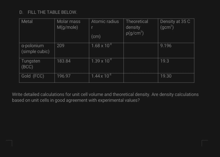 Answered D. FILL THE TABLE BELOW. Molar mass… bartleby