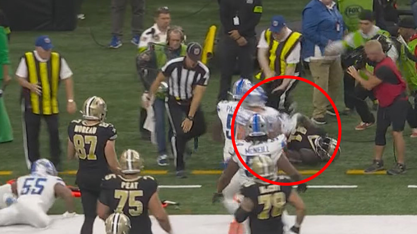 NFL news 2023 Saints v Lions Chain crew official's leg brutally broken in collision with Alvin