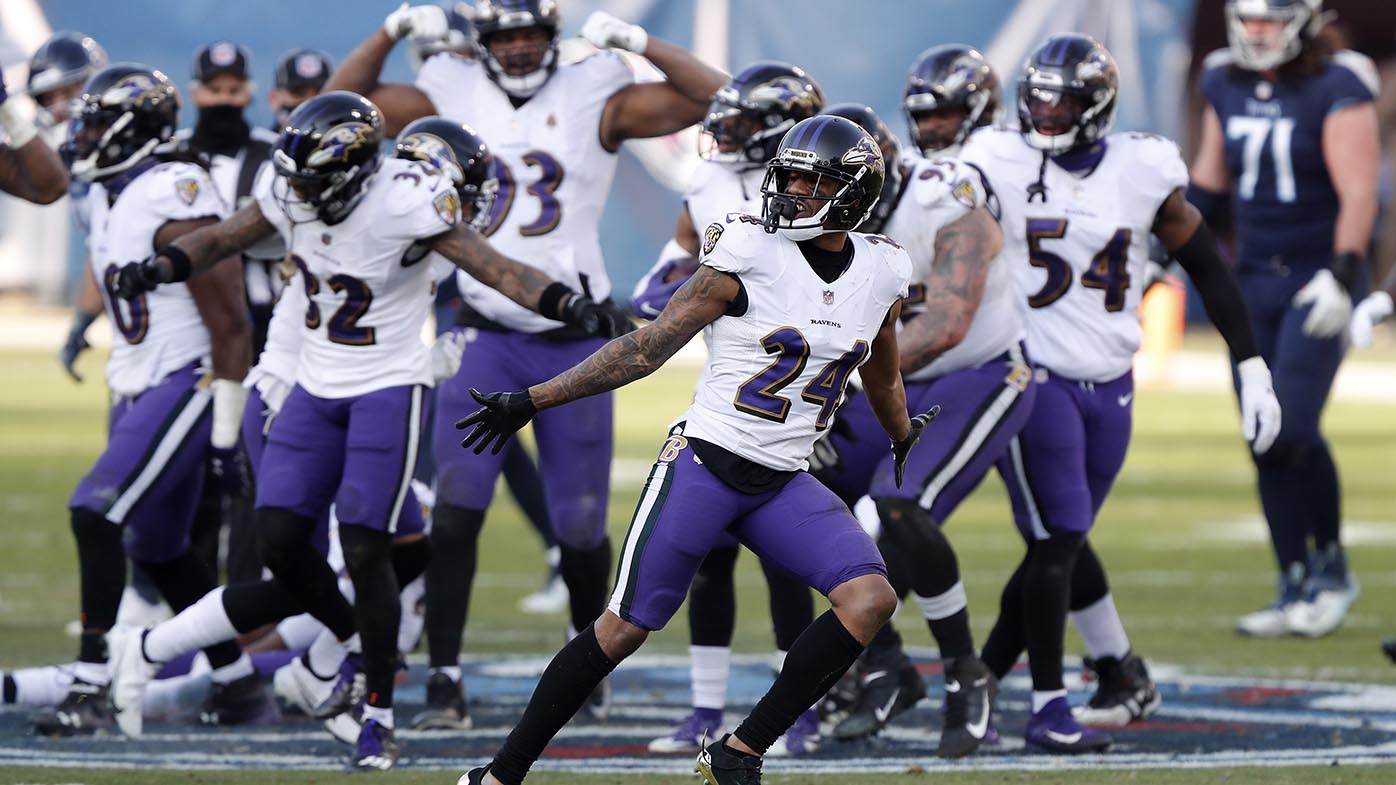 NFL playoffs Baltimore Ravens dance on Tennessee Titans' logo after