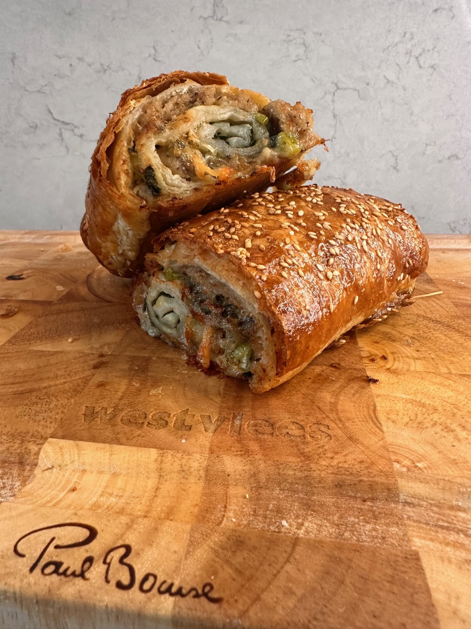 Recipe Korkers sausage and Kingcott Dairy blue cheese in puff pastry