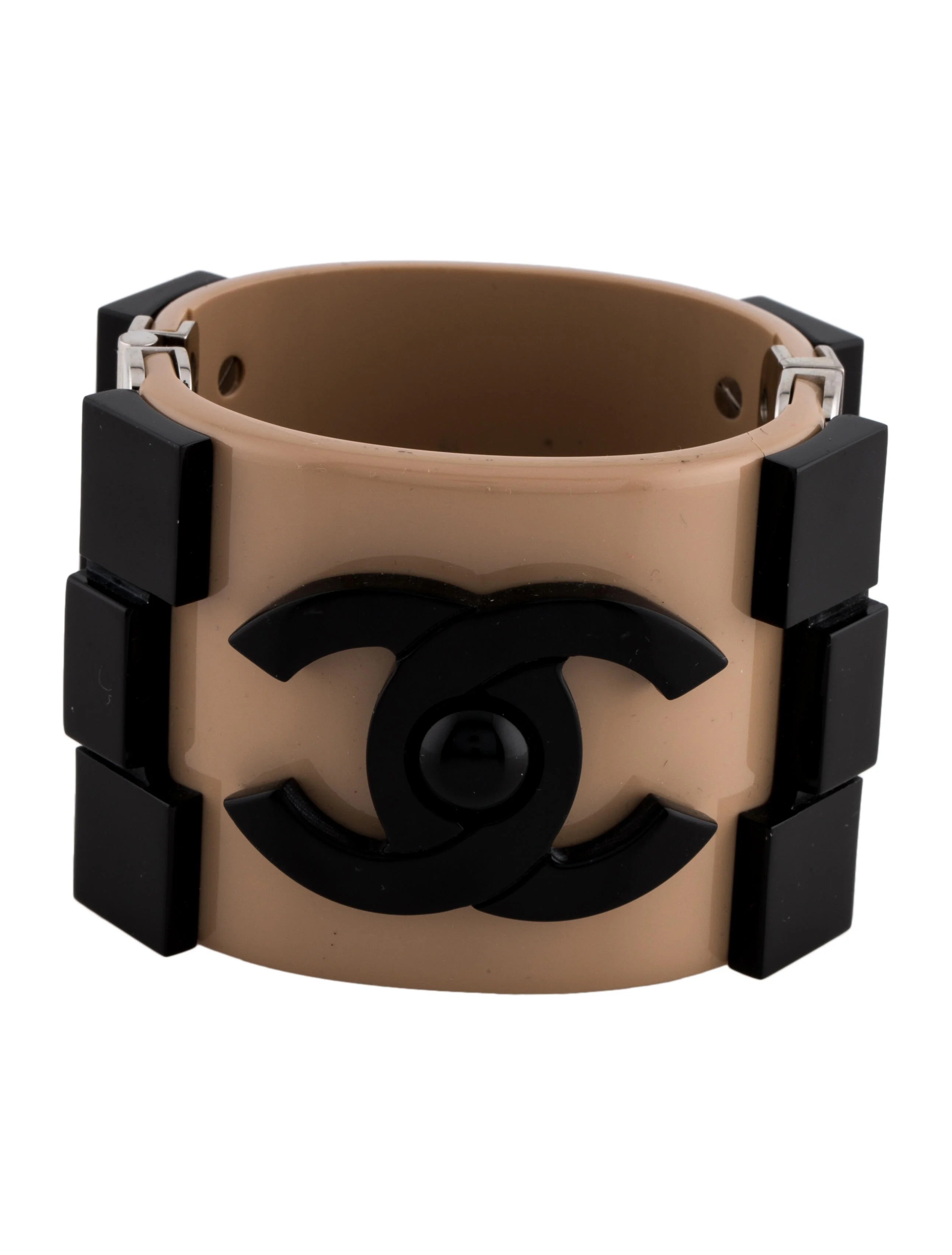 Chanel Acrylic CC Boy Brick Hinged Bangle Bracelet Black, Palladium