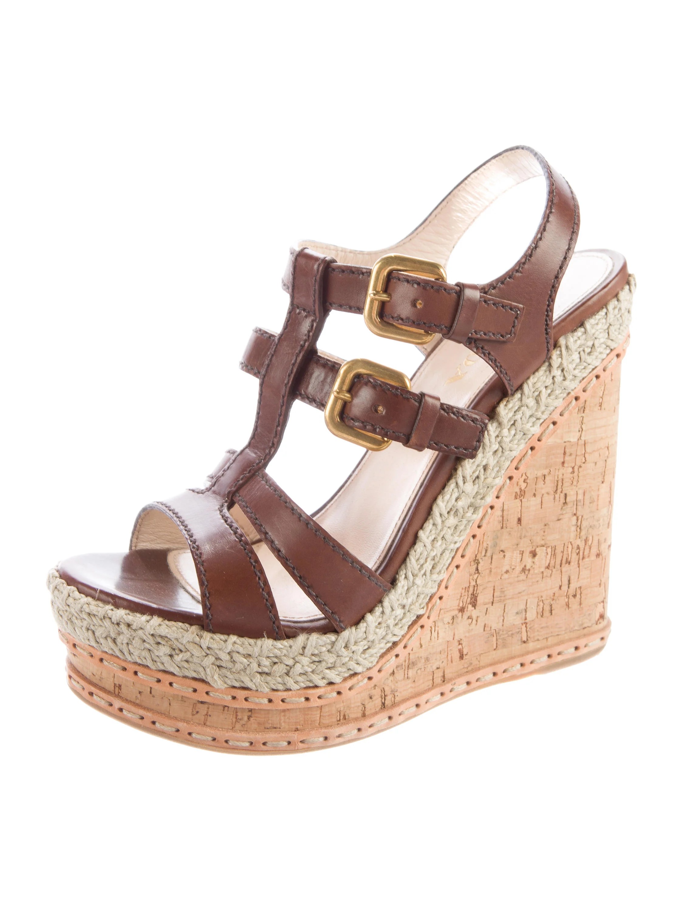Prada Leather Cork Wedges Brown Sandals, Shoes PRA116953 The RealReal