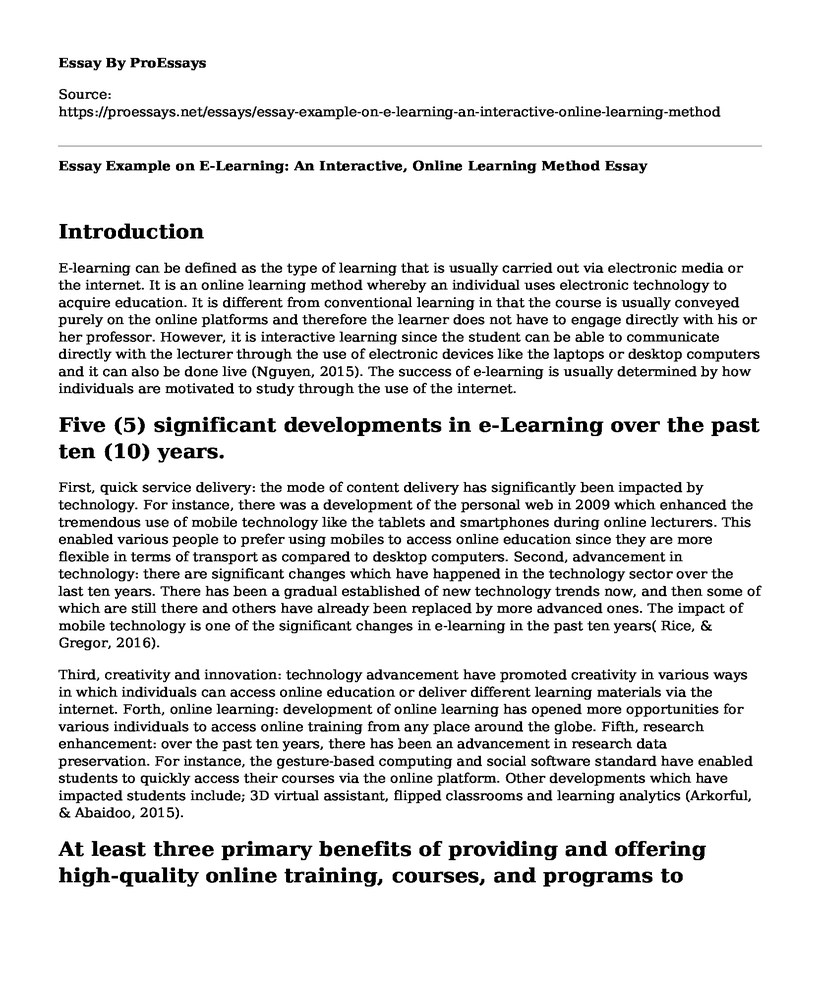 📗 Essay Example on ELearning An Interactive, Online Learning Method