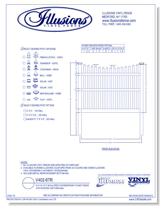 4026TR a 6 foot tall Scalloped top contemporary spaced picket with