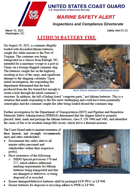 SAFETY ALERT Lithium battery fire hazard Professional Mariner