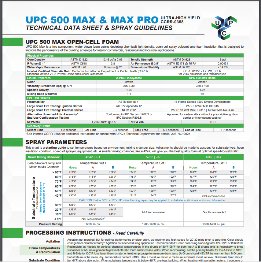 UPC 500 Max and Max Pro Technical Data Sheet (TDS) Profoam
