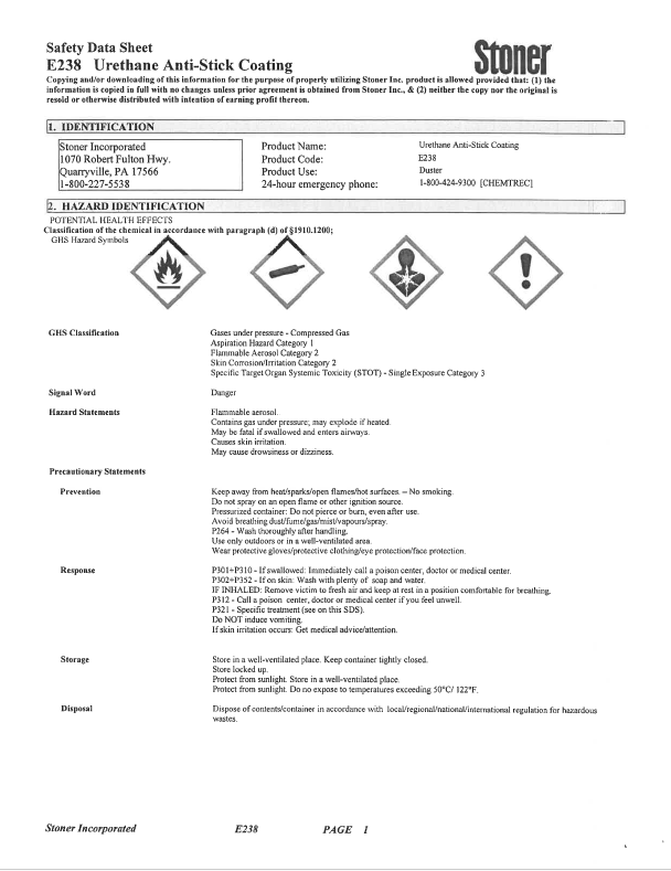 Stoner Urethane E238 Anti Stick Coating Safety Data Sheet (SDS