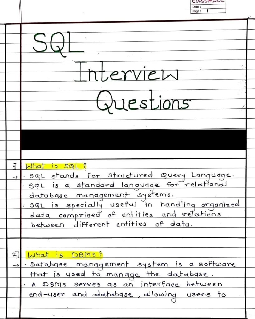 SQL Interview Questions Handwritten PDF Connect 4 Programming