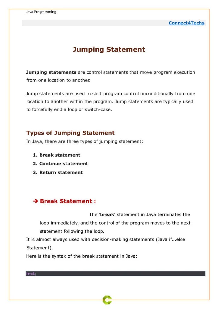 Jump Statement in Java PDF Guide Connect 4 Programming