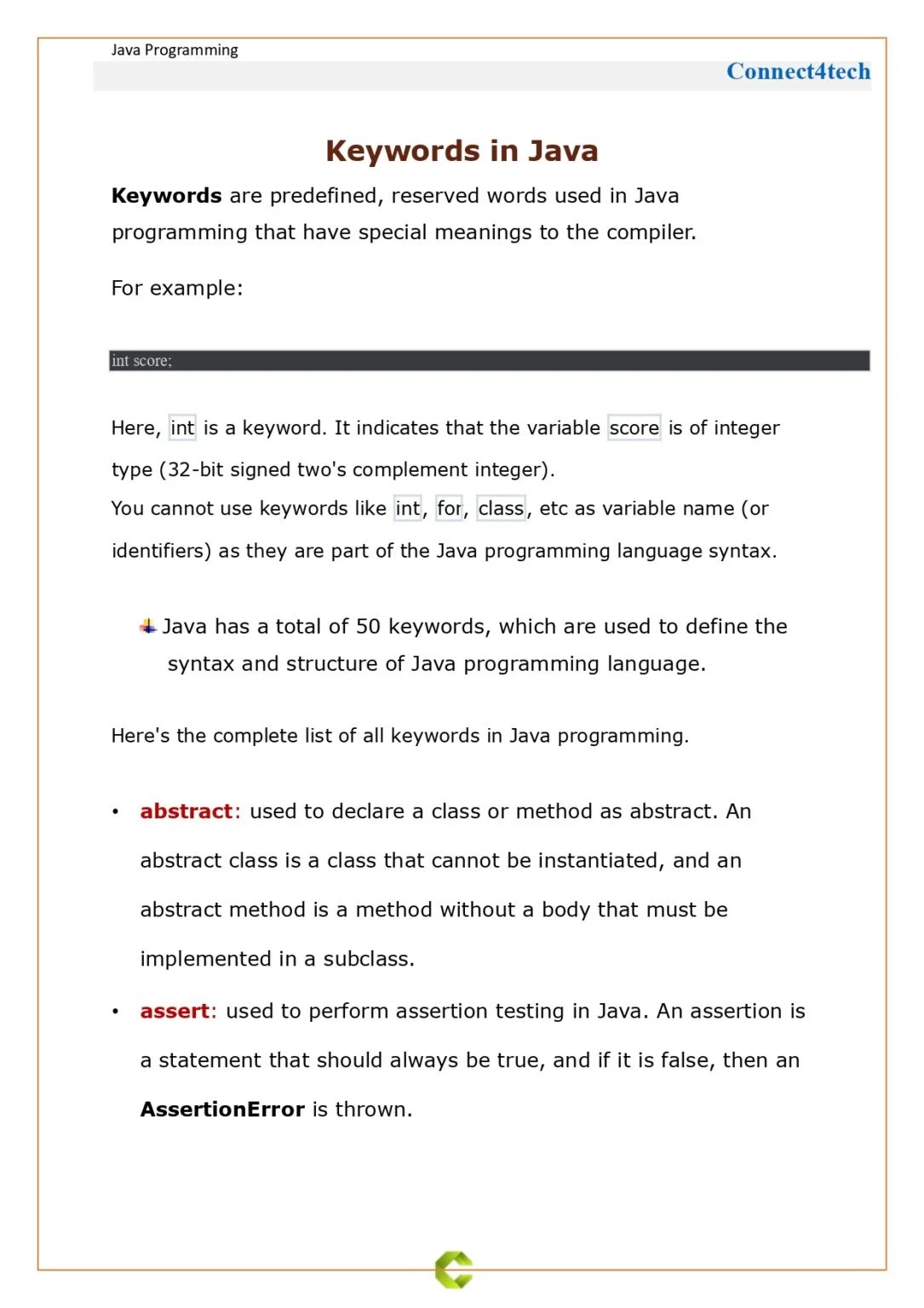 Java Tutorial Keywords in java (PDF) Connect 4 Programming