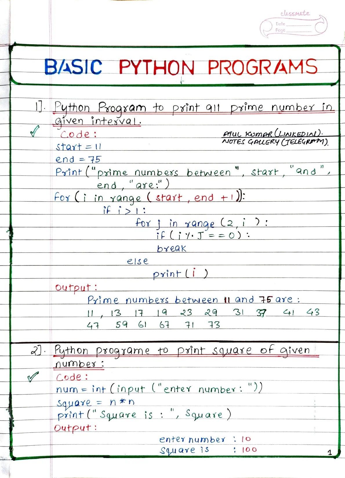Basic Python Programs Handwritten PDF