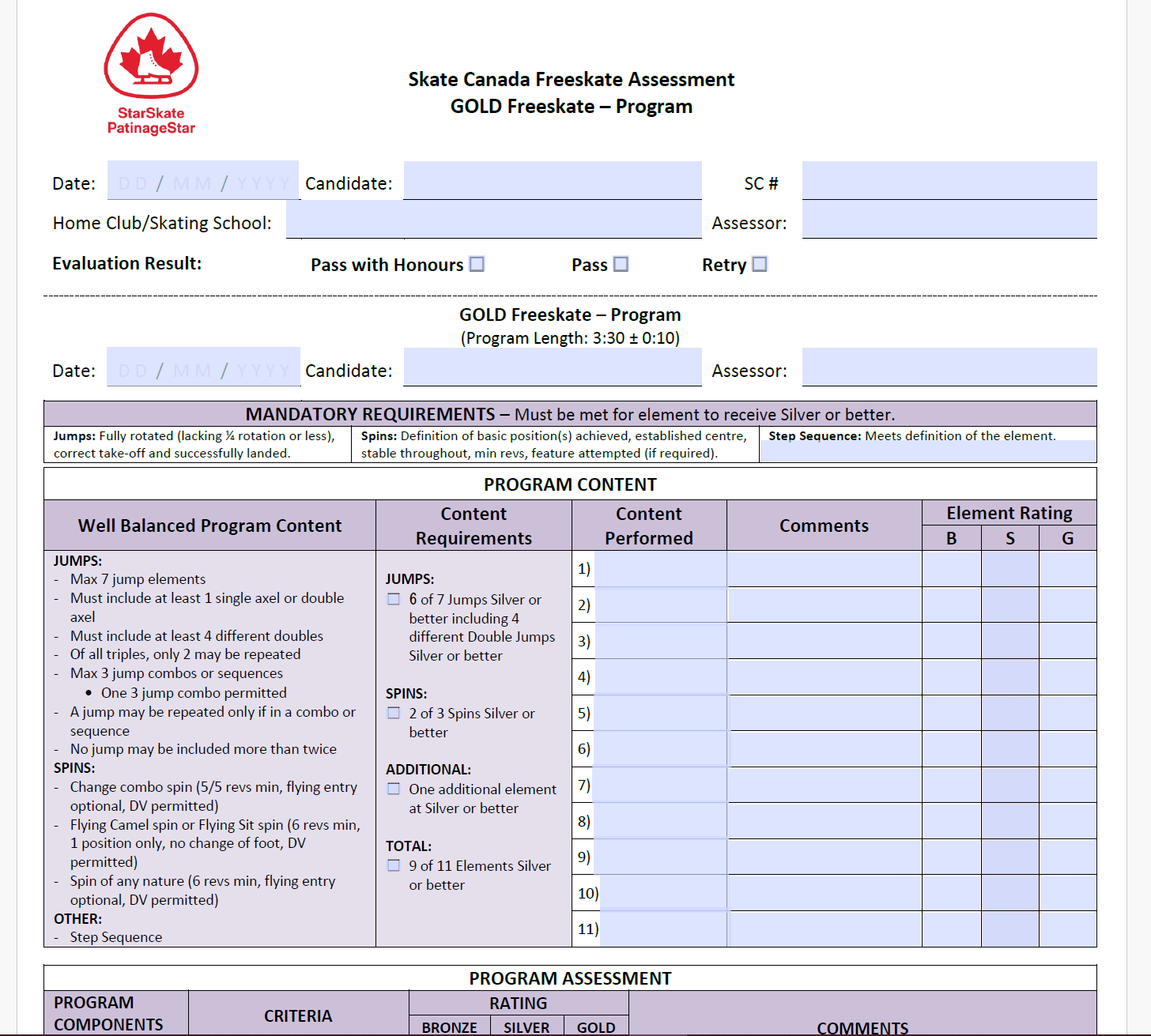 Freeskate Program Assessment Sheets (English) Materials Catalogue