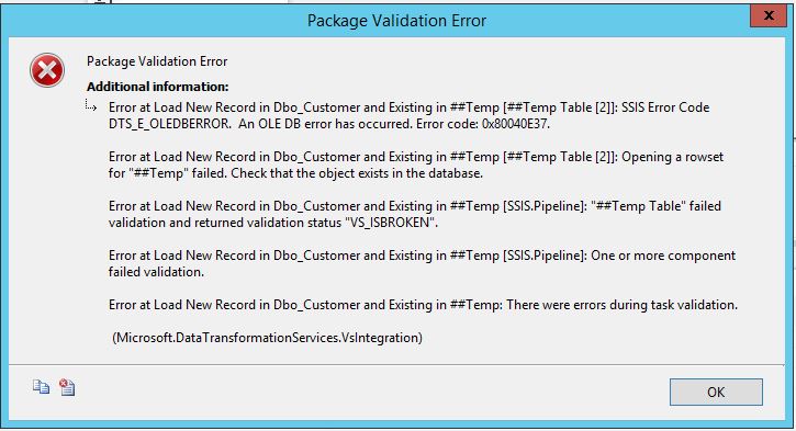SSIS ErrorPackage Validation Error. SSIS Error Code DTS_E_OLEDBERROR. .Error code 0x80040E37