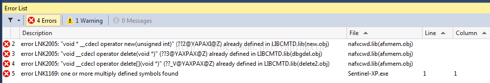 Visual Studio Tips error LNK2005 … already defined in LIBCMTD.lib(new