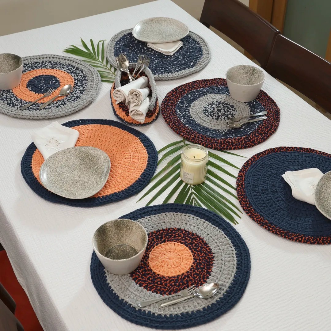 Set of 6 ROUND Placemats Peach Navy Grey Premium Collection 2024